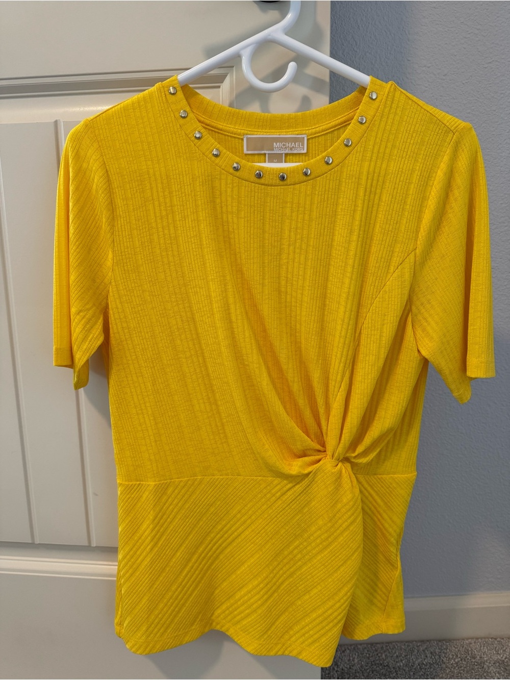 Michael Kors Bright Yellow Knot-Front Midi Dress with Studded Neckline